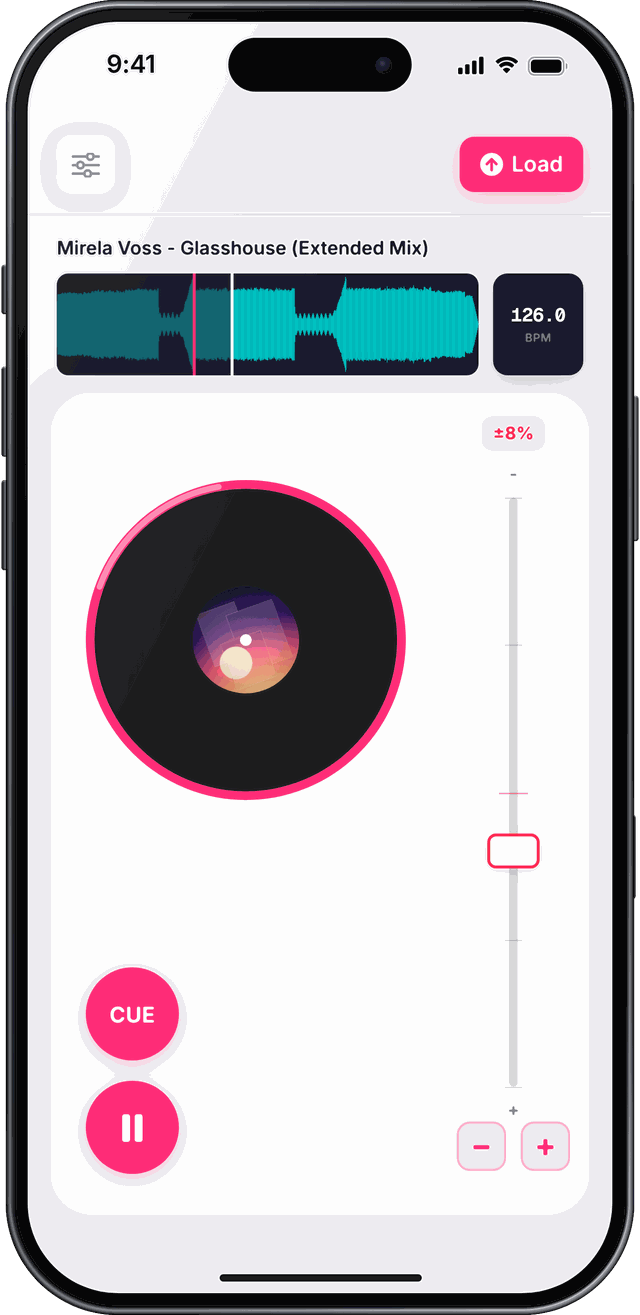 Phonidex on an iPhone, playing a track with the platter, waveform, BPM display, pitch fader and cue and pause buttons