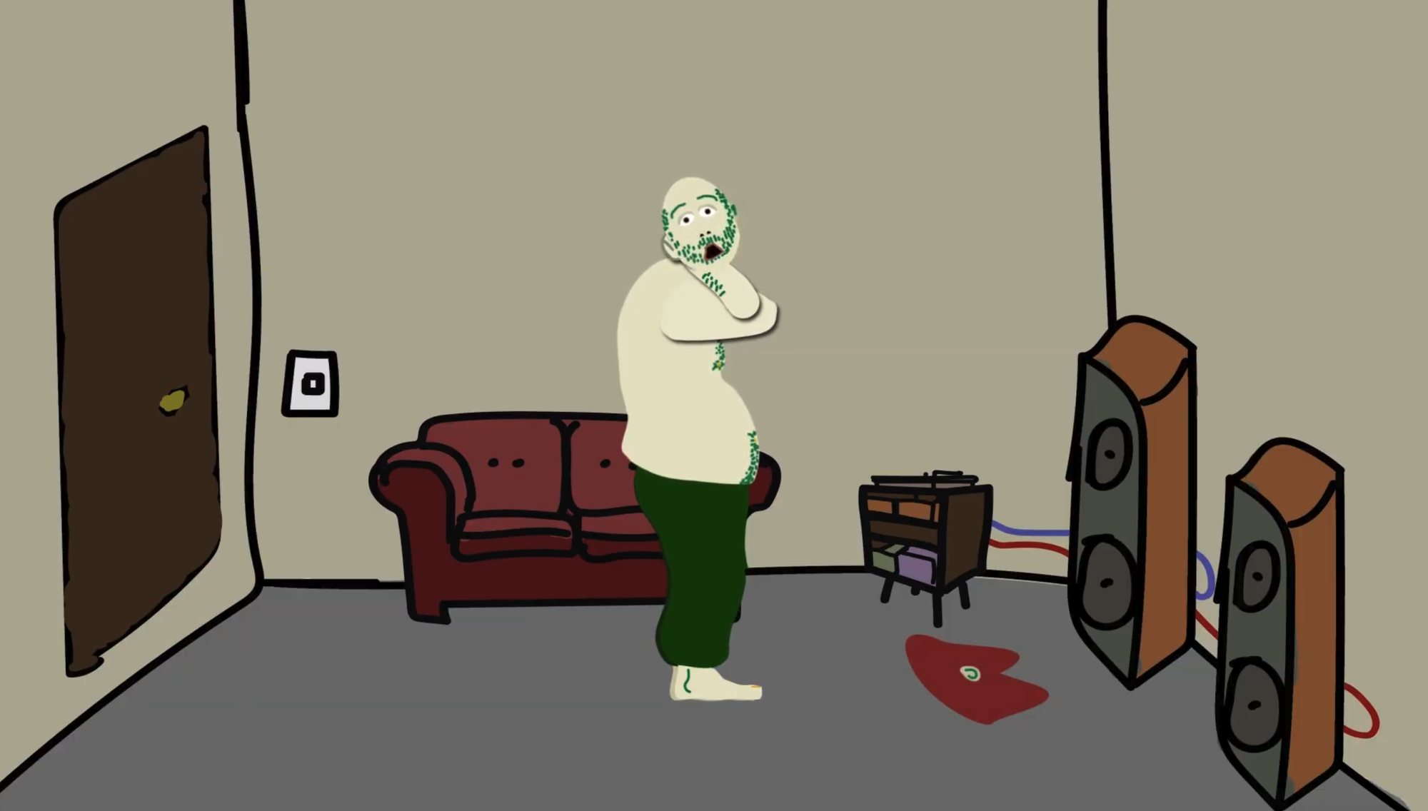 Still from the animation: a character in a living room beside two large speakers
