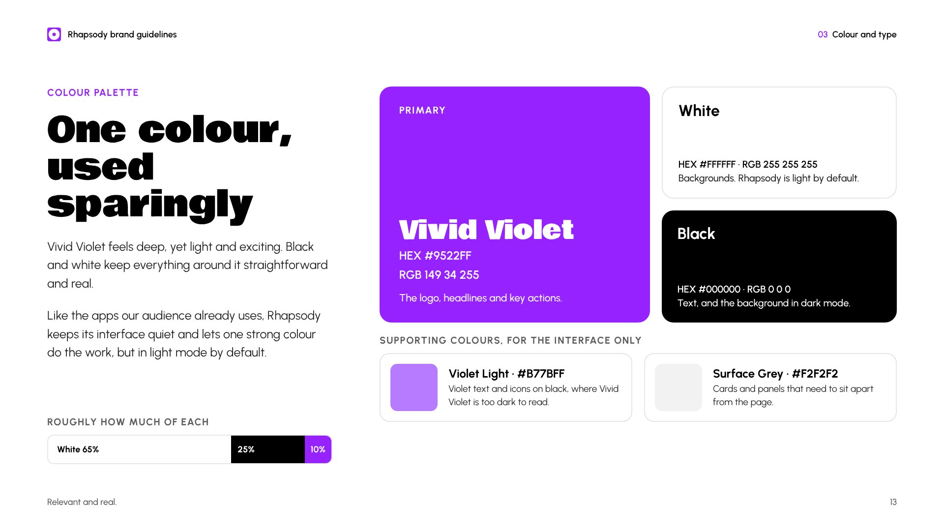 Brand guidelines colour page with Vivid Violet, white, black and two supporting colours