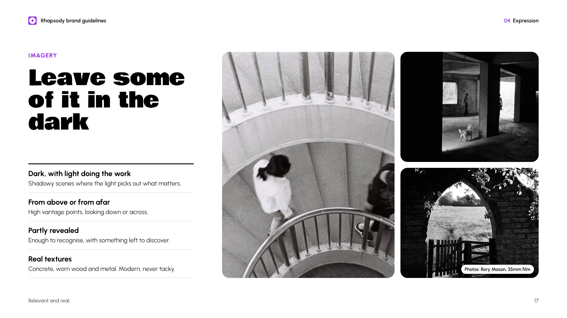 Brand guidelines imagery page with four principles and black and white film photos