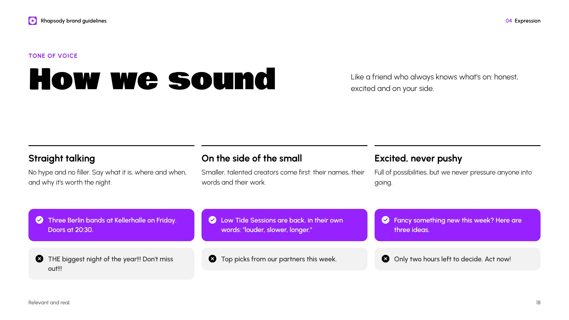 Brand guidelines tone of voice page with three principles and do and don't examples