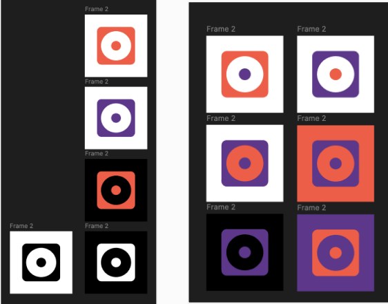 The speaker-cone mark tested in orange, purple, black and white combinations